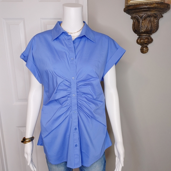 Lauren Ralph Lauren Tops - LAUREN RALPH LAUREN SHIRRED BUTTON DOWN TOP, BLUE 12